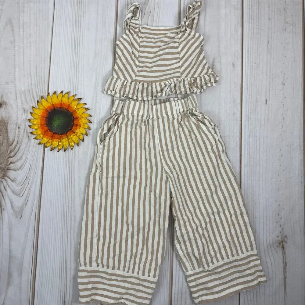 Mayoral Girls Striped Crop Top and Culottes Set - Sleeveless, Ruffle Trim Size 6